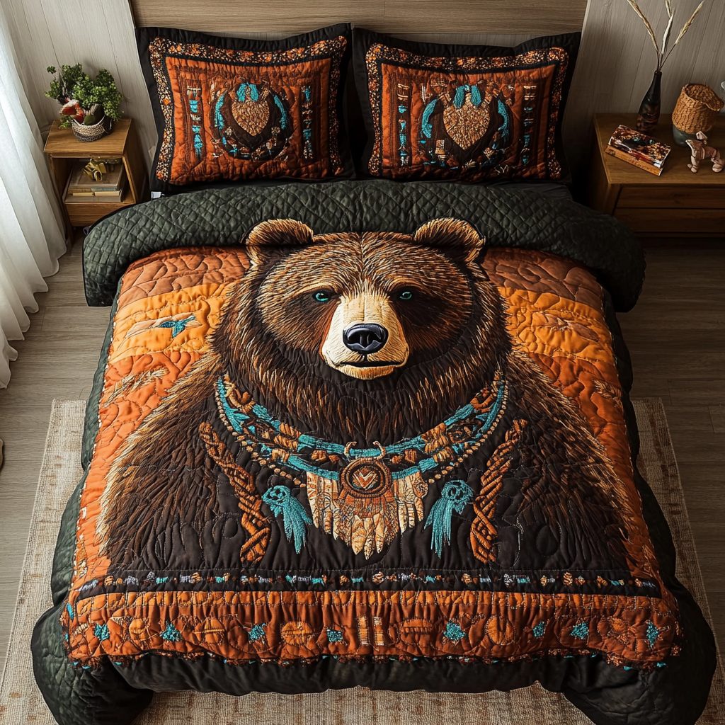 Bear Soul quilted 3-piece bedding set on a made bed with two matching pillow shams