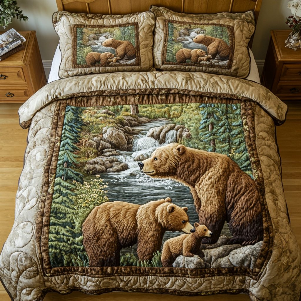 Bear Spirit quilted 3-piece bedding set on a made bed with two matching pillow shams