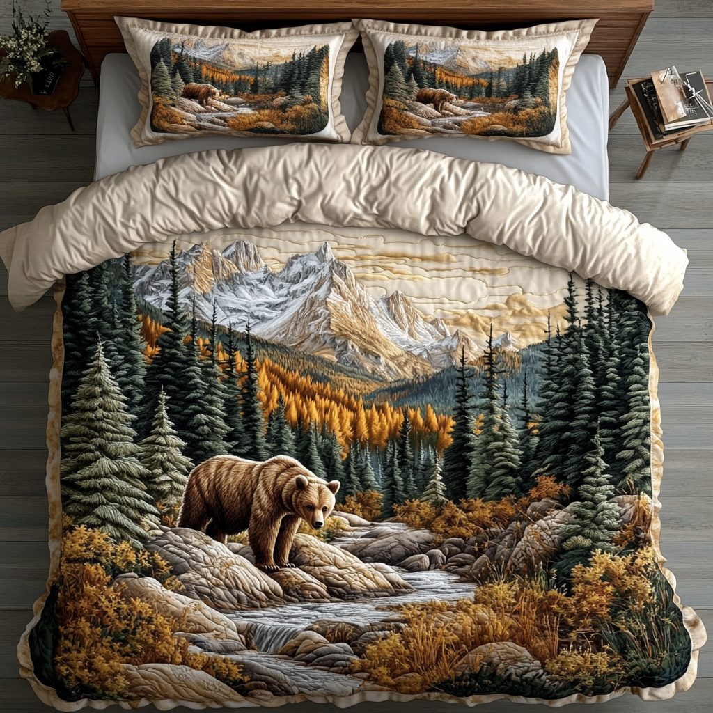 Bear Spirit quilted 3-piece bedding set on a made bed with two matching pillow shams