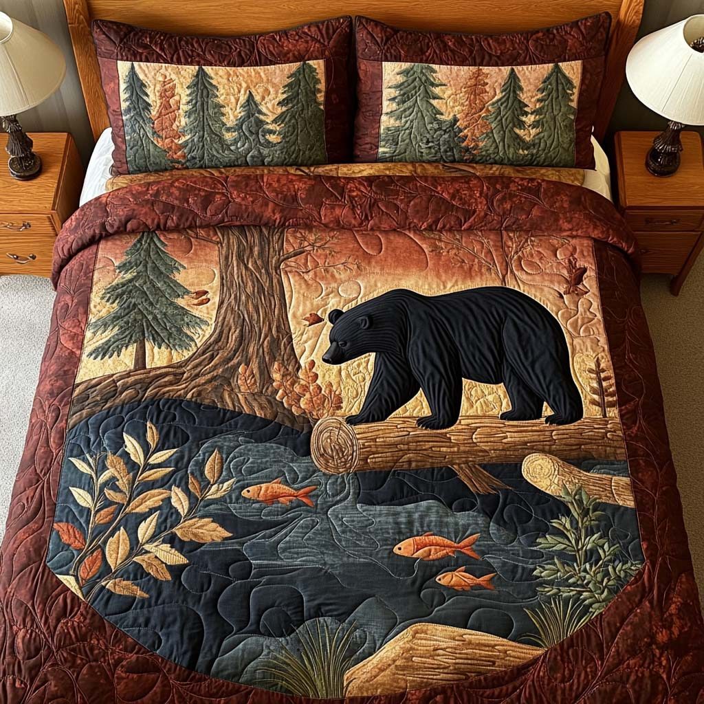 Bear Spirit quilted 3-piece bedding set on a made bed with two matching pillow shams