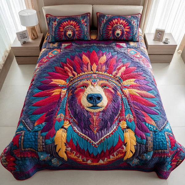 Bear Spirit quilted 3-piece bedding set on a made bed with two matching pillow shams