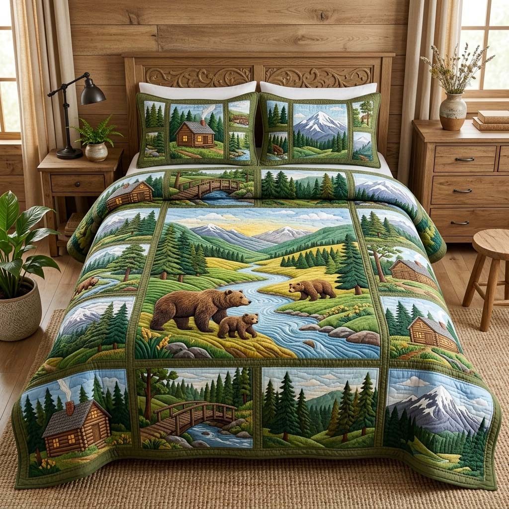 Bear Stream quilted 3-piece bedding set on a made bed with two matching pillow shams