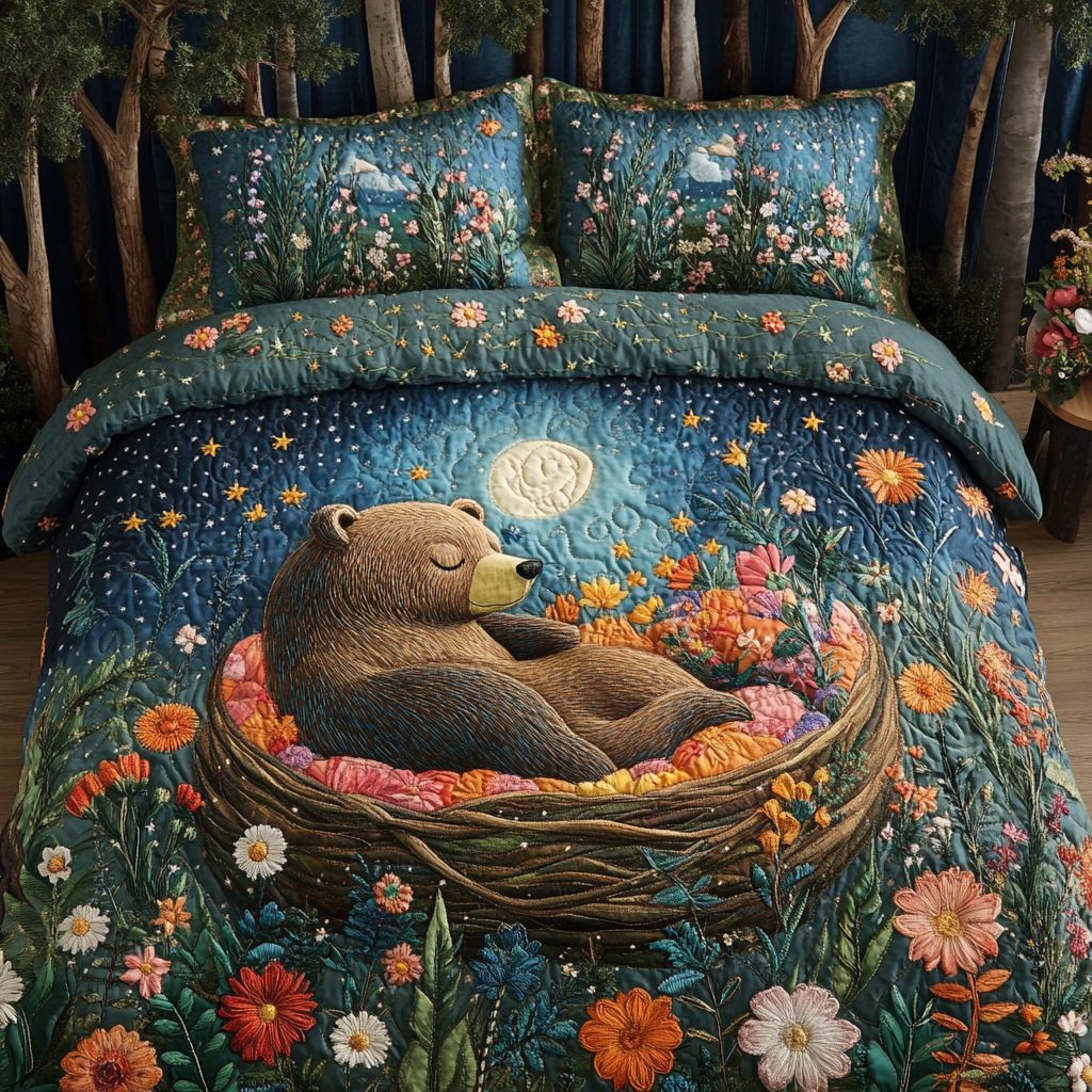 Bear Tracks quilted 3-piece bedding set on a made bed with two matching pillow shams