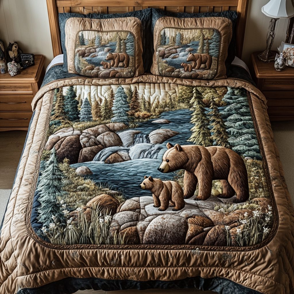 Bear Tracks quilted 3-piece bedding set on a made bed with two matching pillow shams
