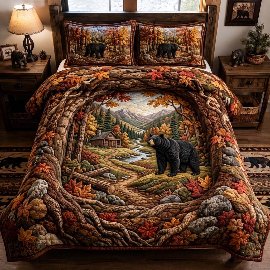Bear Valley Lodge quilted 3-piece bedding set on a made bed with two matching pillow shams