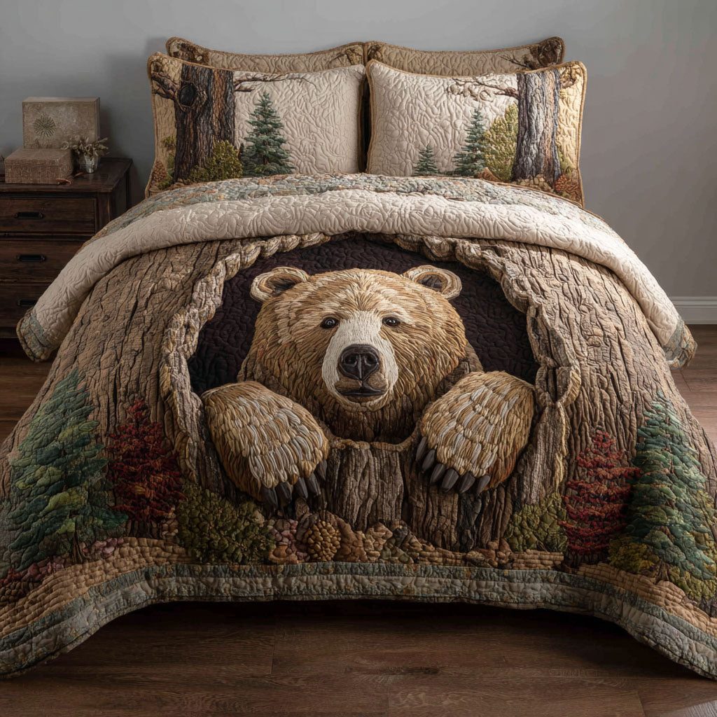 Bear Valley quilted 3-piece bedding set on a made bed with two matching pillow shams