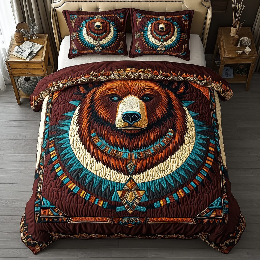 Bear Wisdom quilted 3-piece bedding set on a made bed with two matching pillow shams
