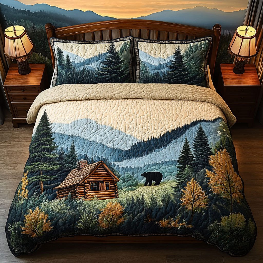 Bears Refuge quilted 3-piece bedding set on a made bed with two matching pillow shams