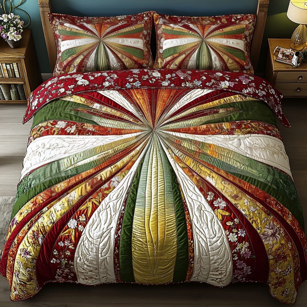 Beautiful Patterns quilted 3-piece bedding set on a made bed with two matching pillow shams