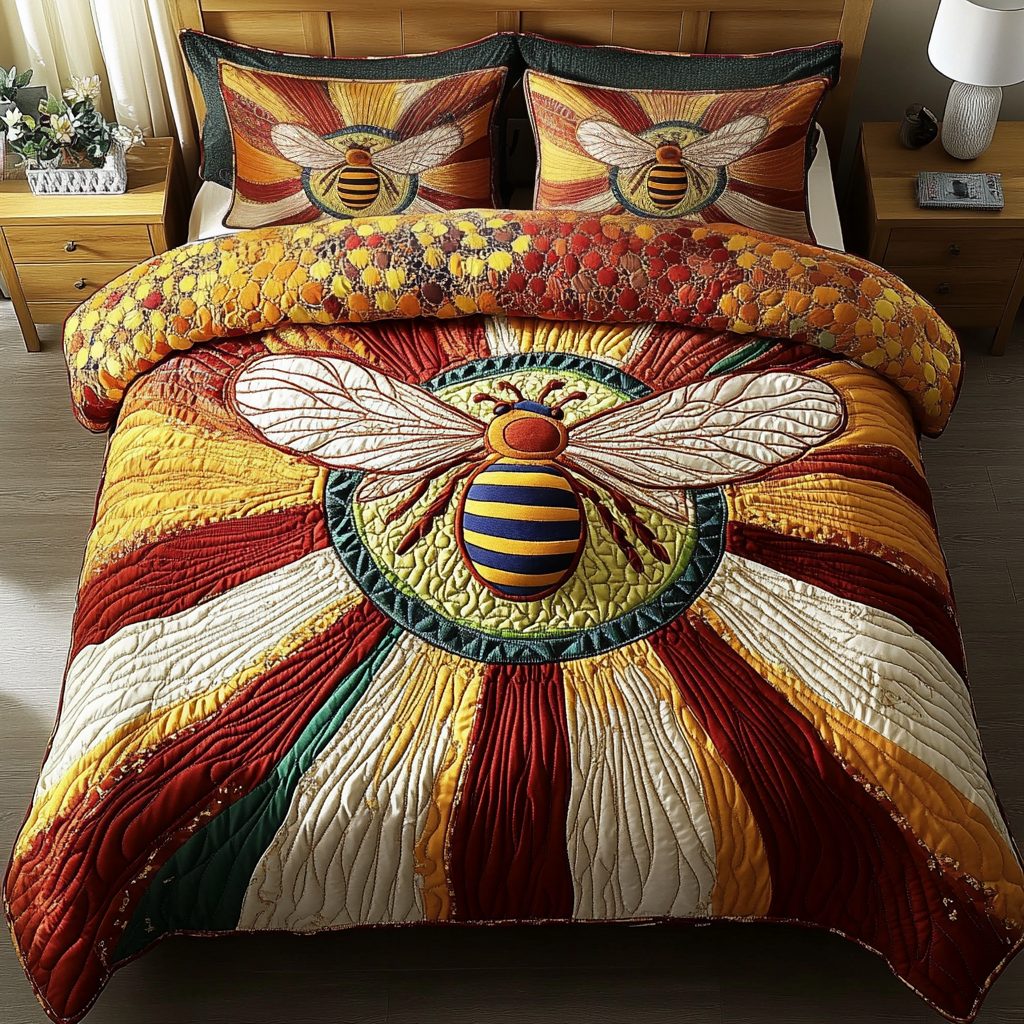 Bee Bliss quilted 3-piece bedding set on a made bed with two matching pillow shams