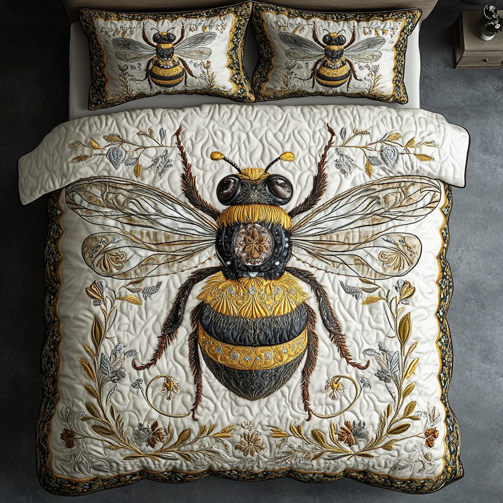 Bee Bliss quilted 3-piece bedding set on a made bed with two matching pillow shams