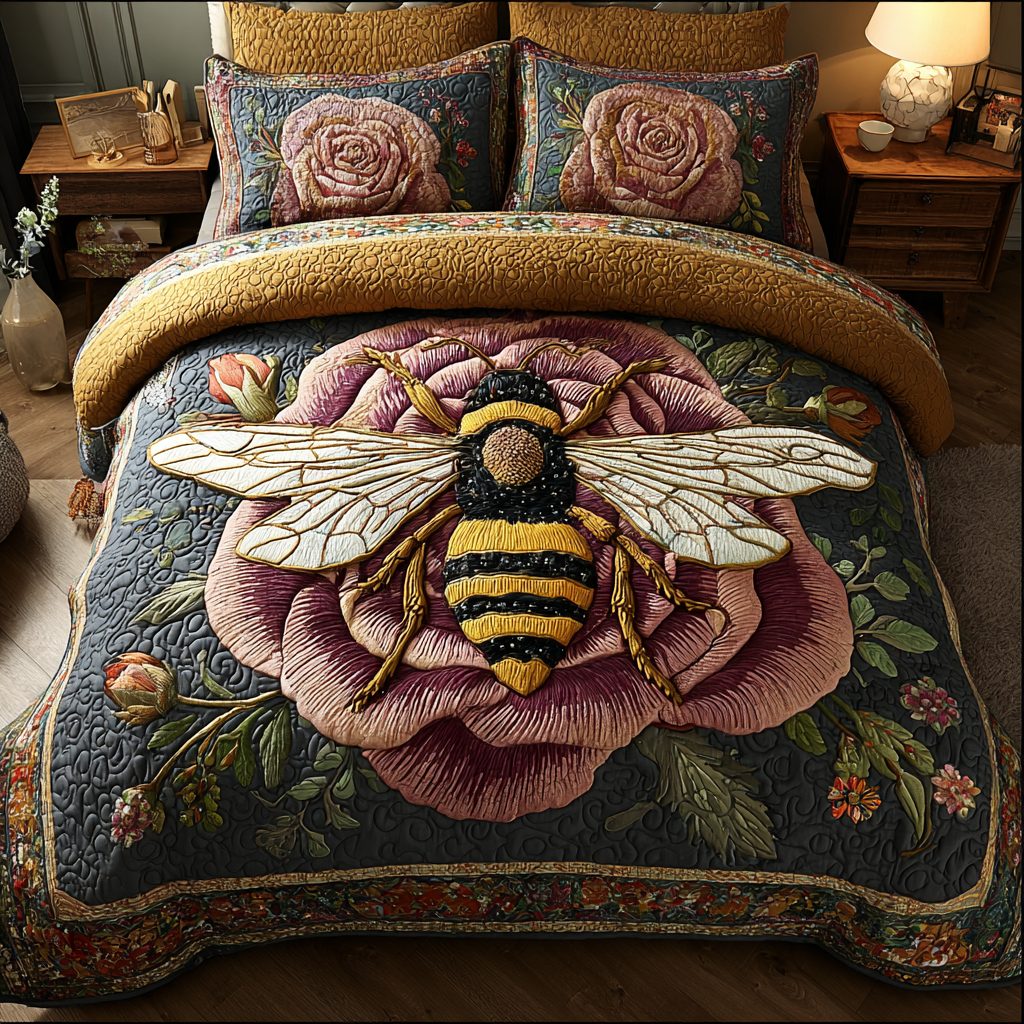 Bee Bliss quilted 3-piece bedding set on a made bed with two matching pillow shams