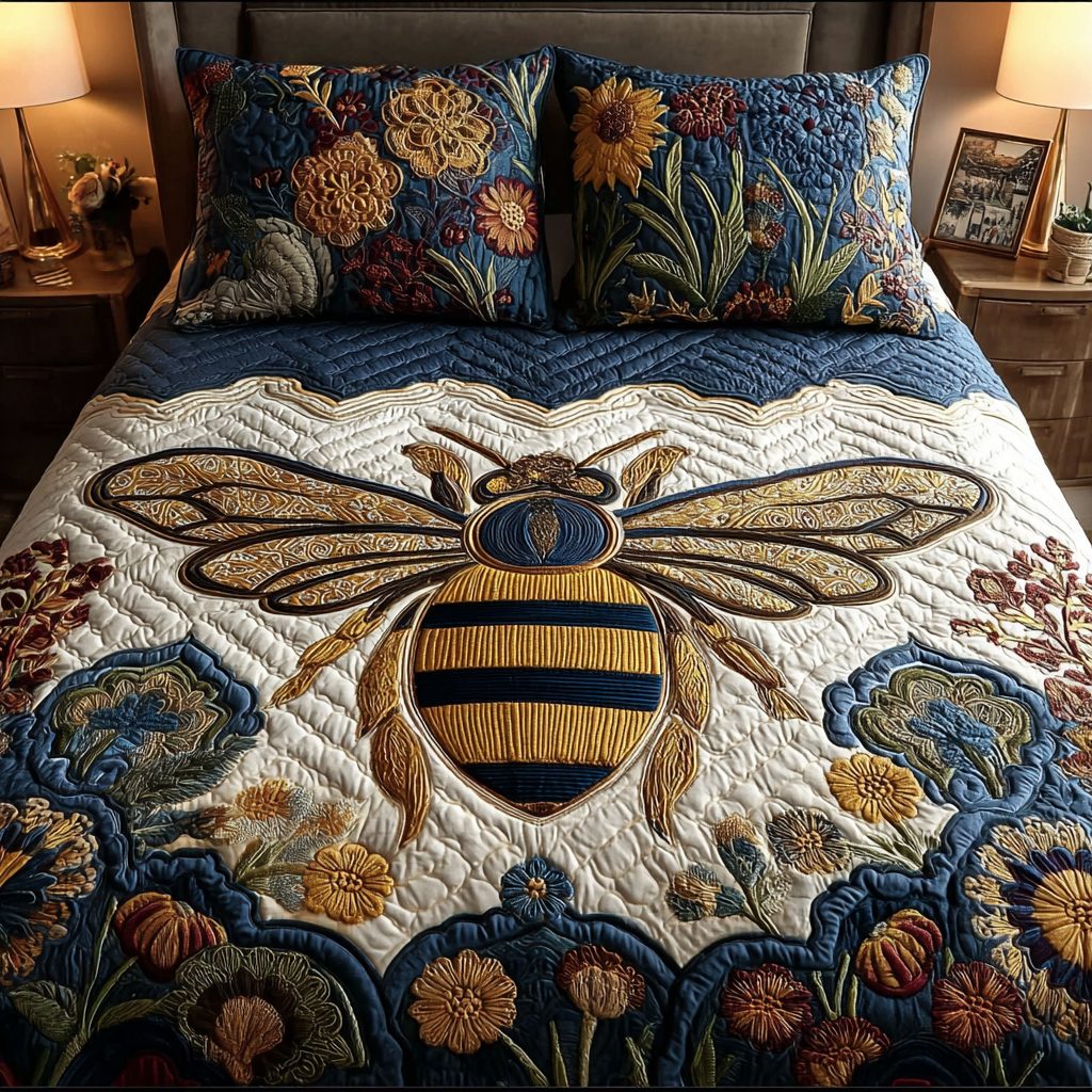 Bee Bloom quilted 3-piece bedding set on a made bed with two matching pillow shams