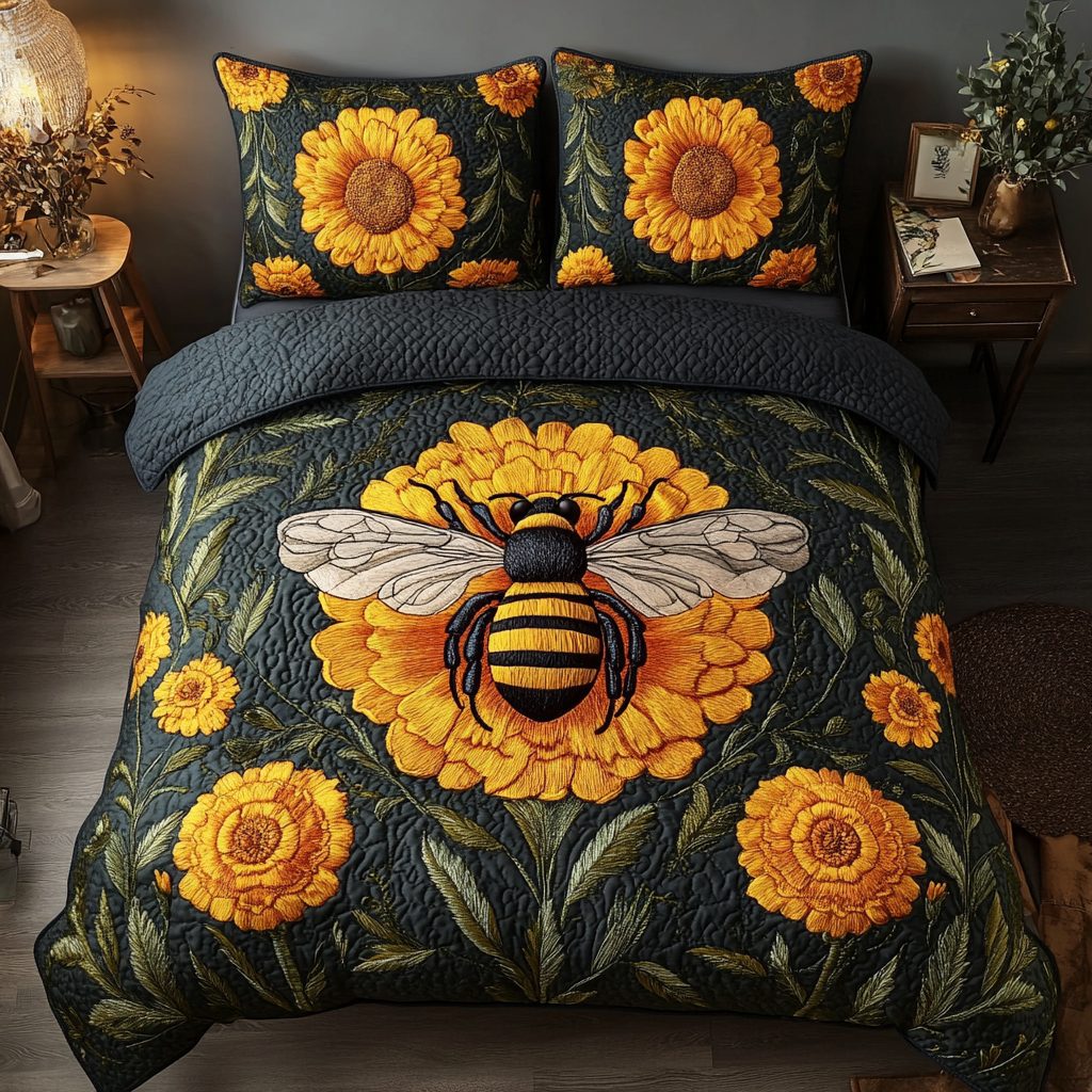 Bee Blossom quilted 3-piece bedding set on a made bed with two matching pillow shams