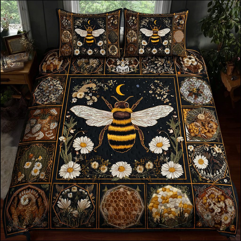Bee Charm quilted 3-piece bedding set on a made bed with two matching pillow shams