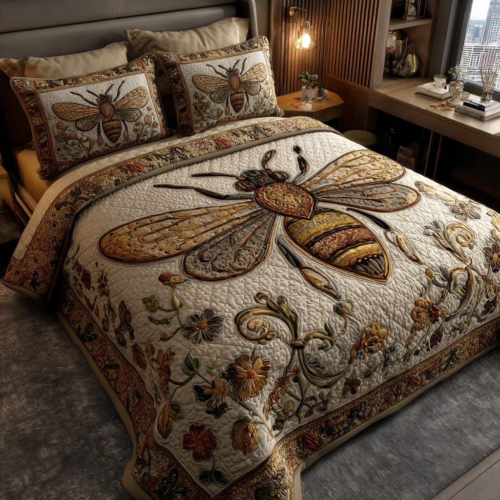 Bee Dream quilted 3-piece bedding set on a made bed with two matching pillow shams