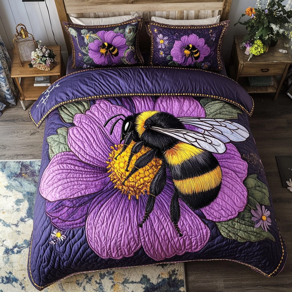 Bee Garden quilted 3-piece bedding set on a made bed with two matching pillow shams