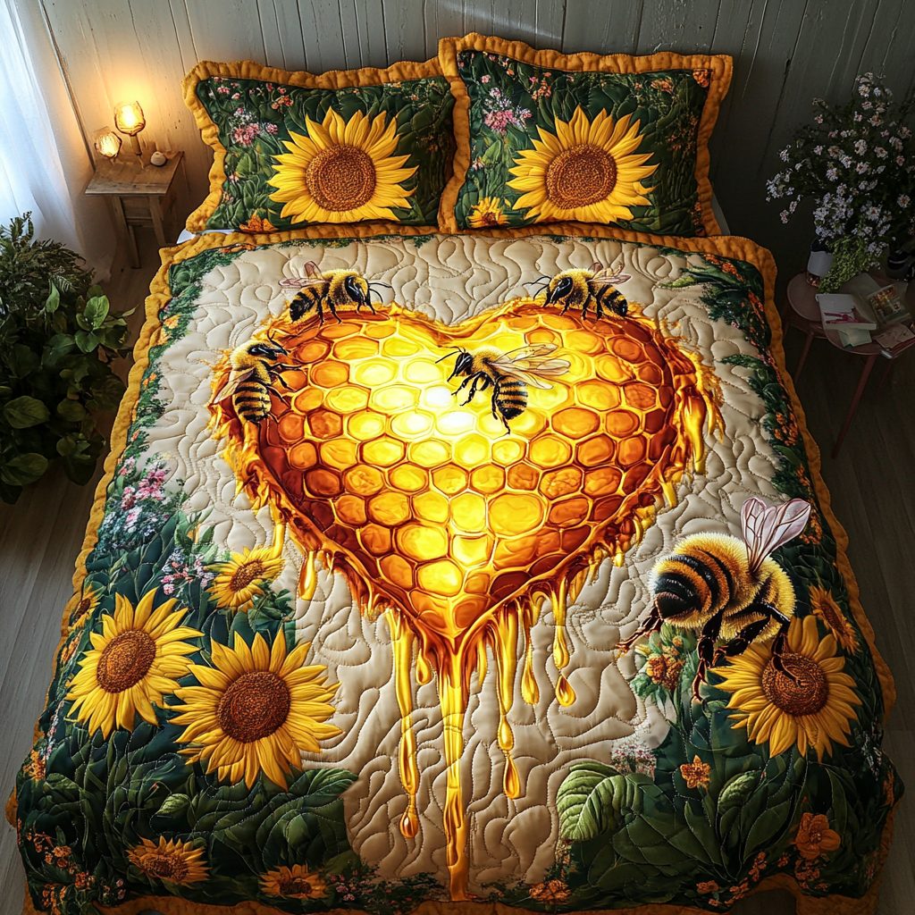 Bee Garden quilted 3-piece bedding set on a made bed with two matching pillow shams