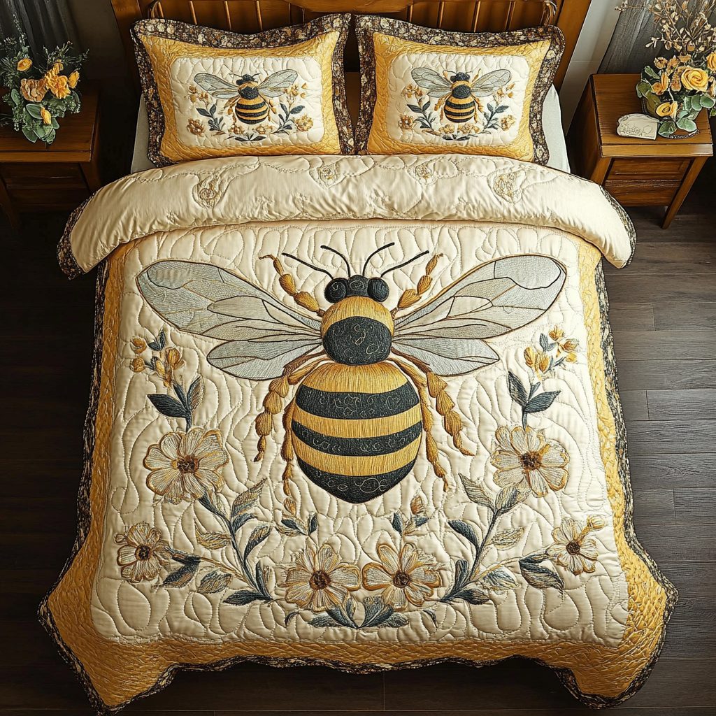 Bee Garden quilted 3-piece bedding set on a made bed with two matching pillow shams