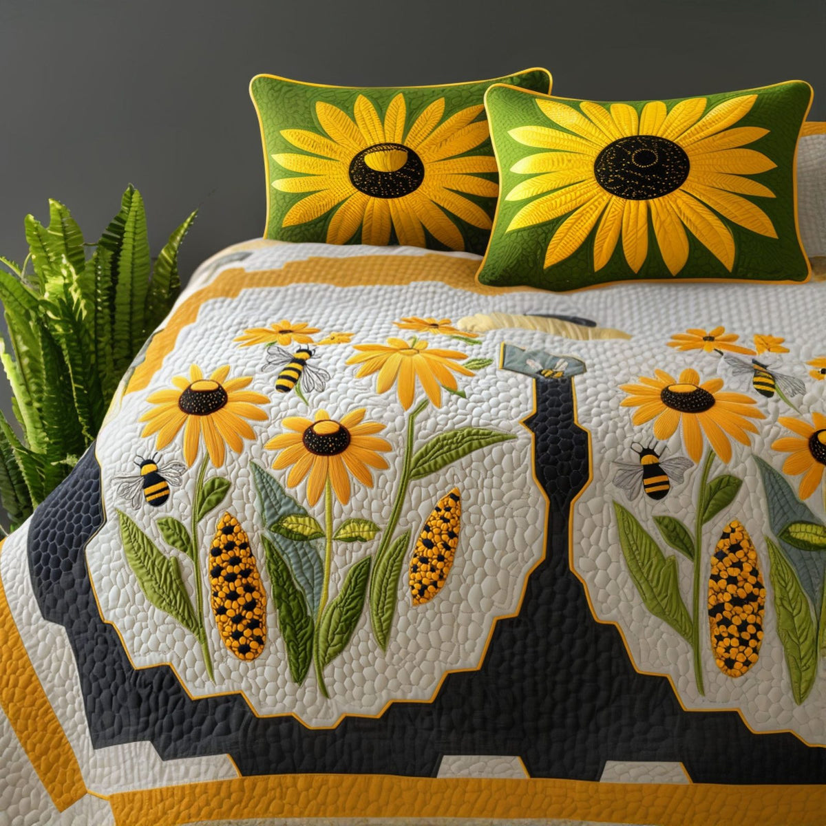Bee Garden quilted 3-piece bedding set on a made bed with two matching pillow shams