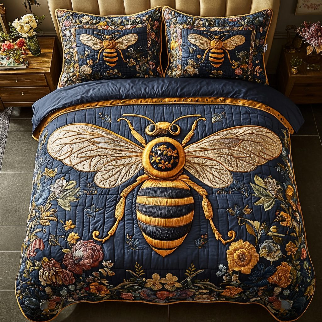 Bee Glow quilted 3-piece bedding set on a made bed with two matching pillow shams