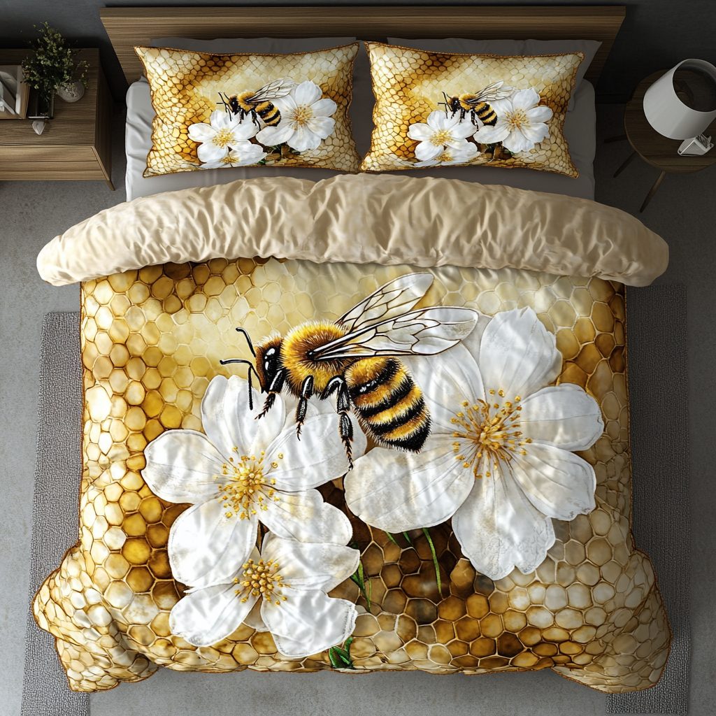 Bee Harmony quilted 3-piece bedding set on a made bed with two matching pillow shams