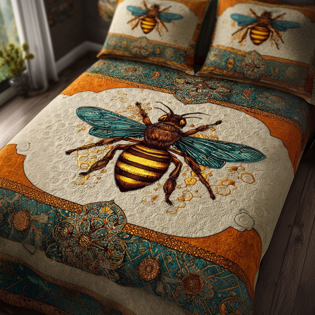 Bee Haven quilted 3-piece bedding set on a made bed with two matching pillow shams