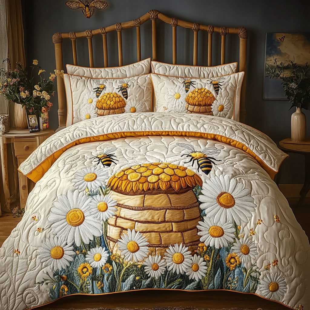 Bee Haven quilted 3-piece bedding set on a made bed with two matching pillow shams