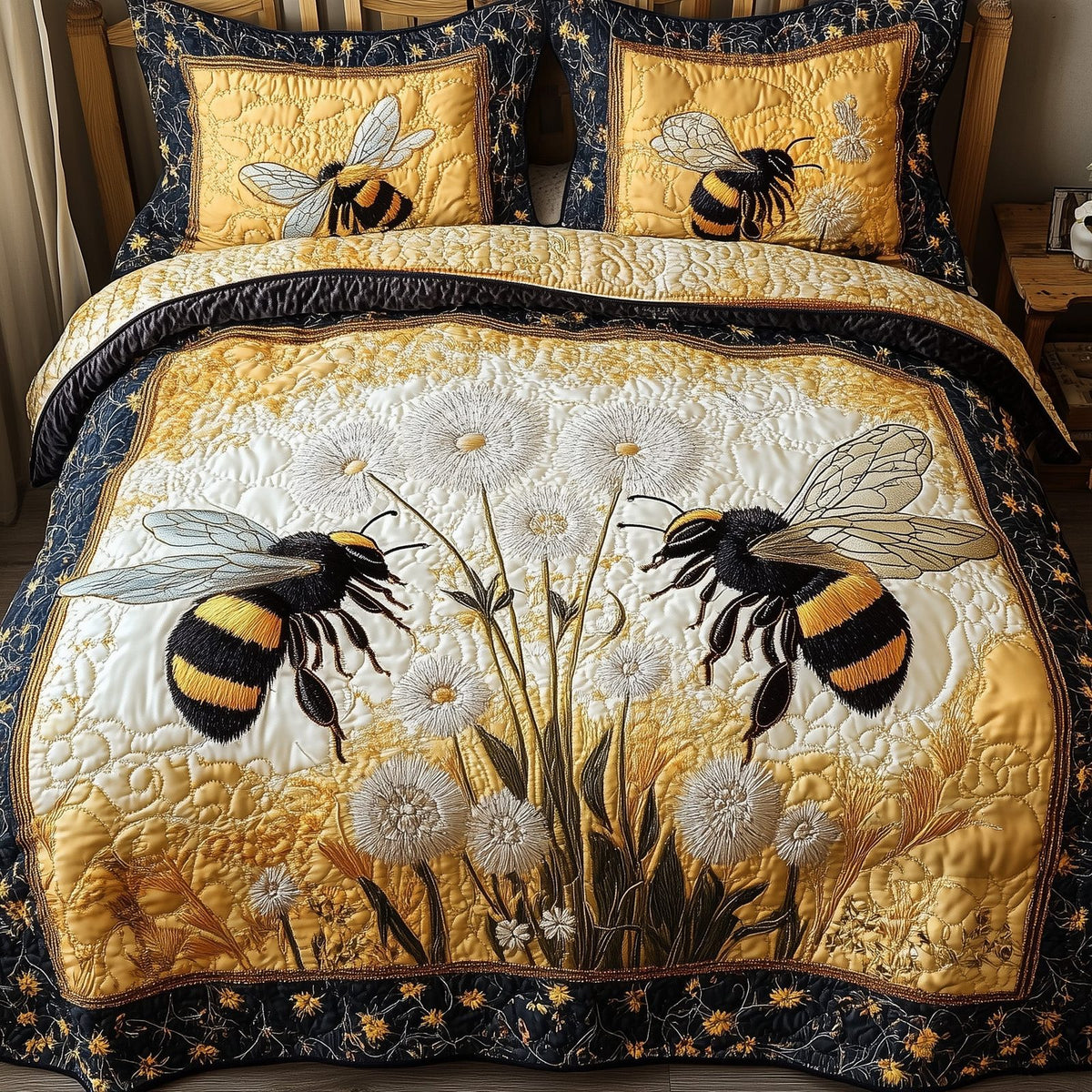 Bee Kind quilted 3-piece bedding set on a made bed with two matching pillow shams