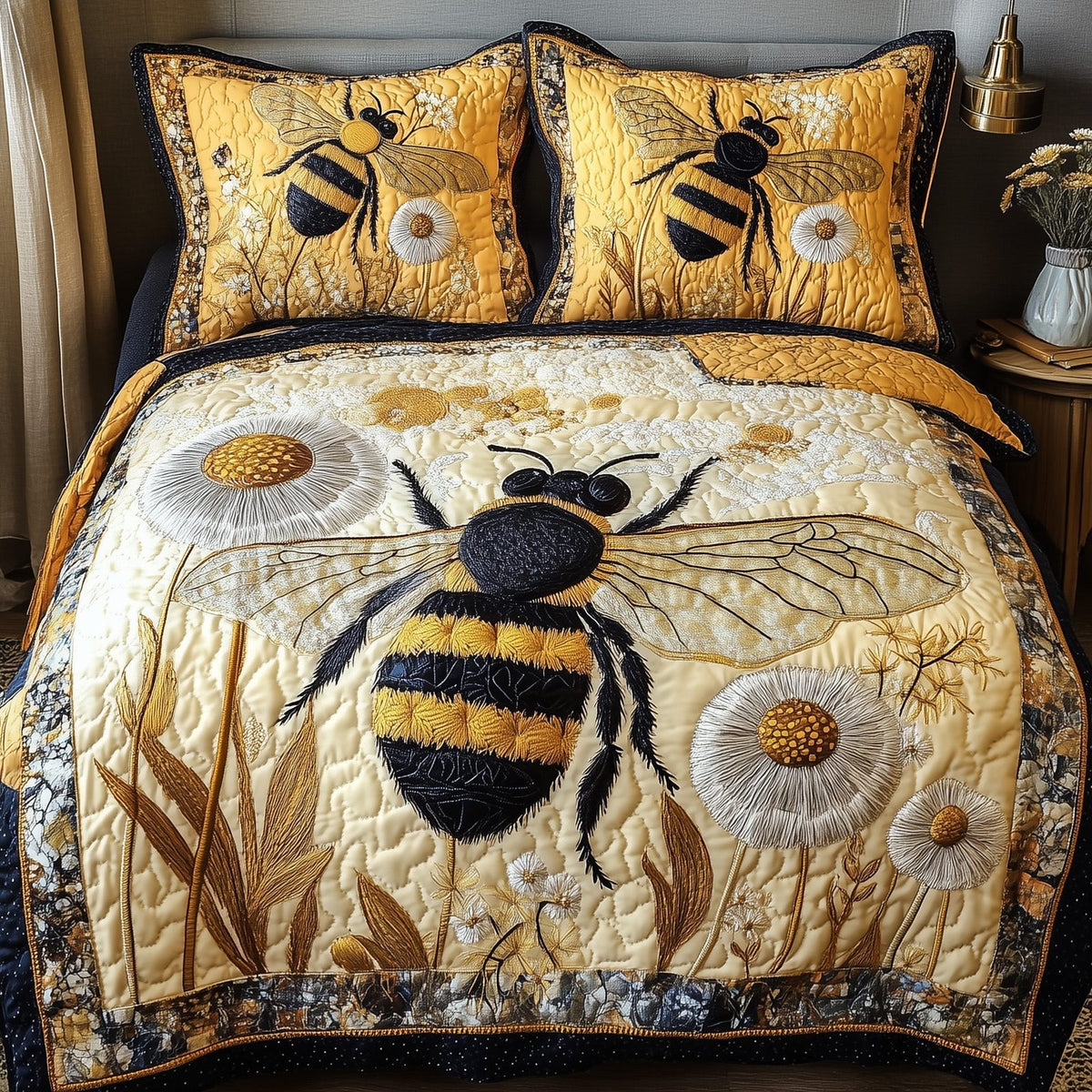 Bee Kind quilted 3-piece bedding set on a made bed with two matching pillow shams