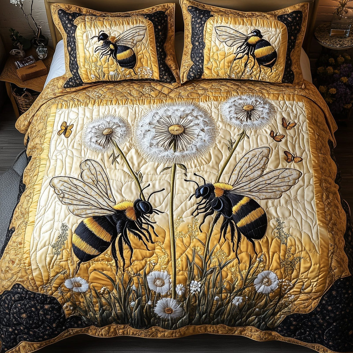 Bee Kind quilted 3-piece bedding set on a made bed with two matching pillow shams