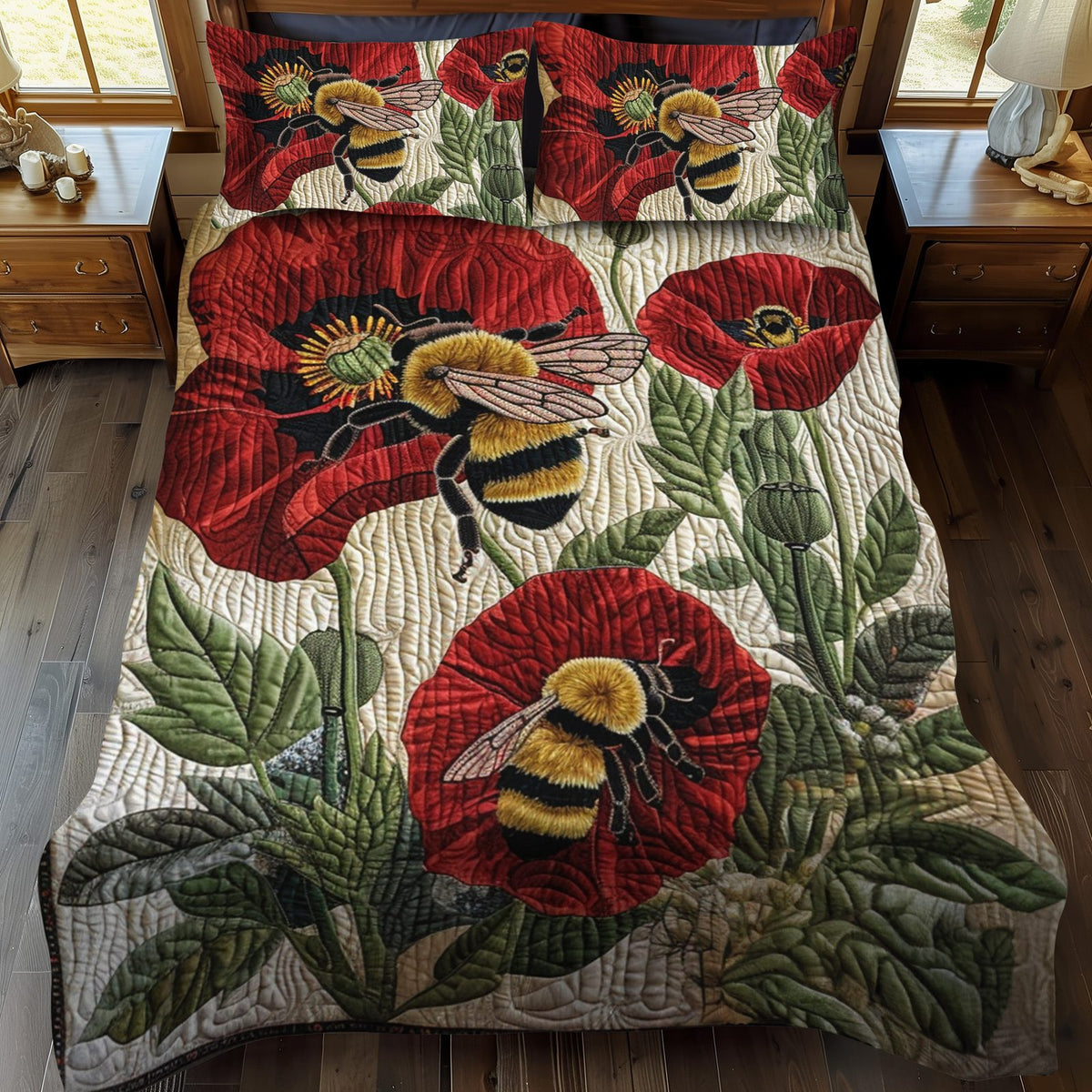 Bee-Kised Blooms quilted 3-piece bedding set on a made bed with two matching pillow shams