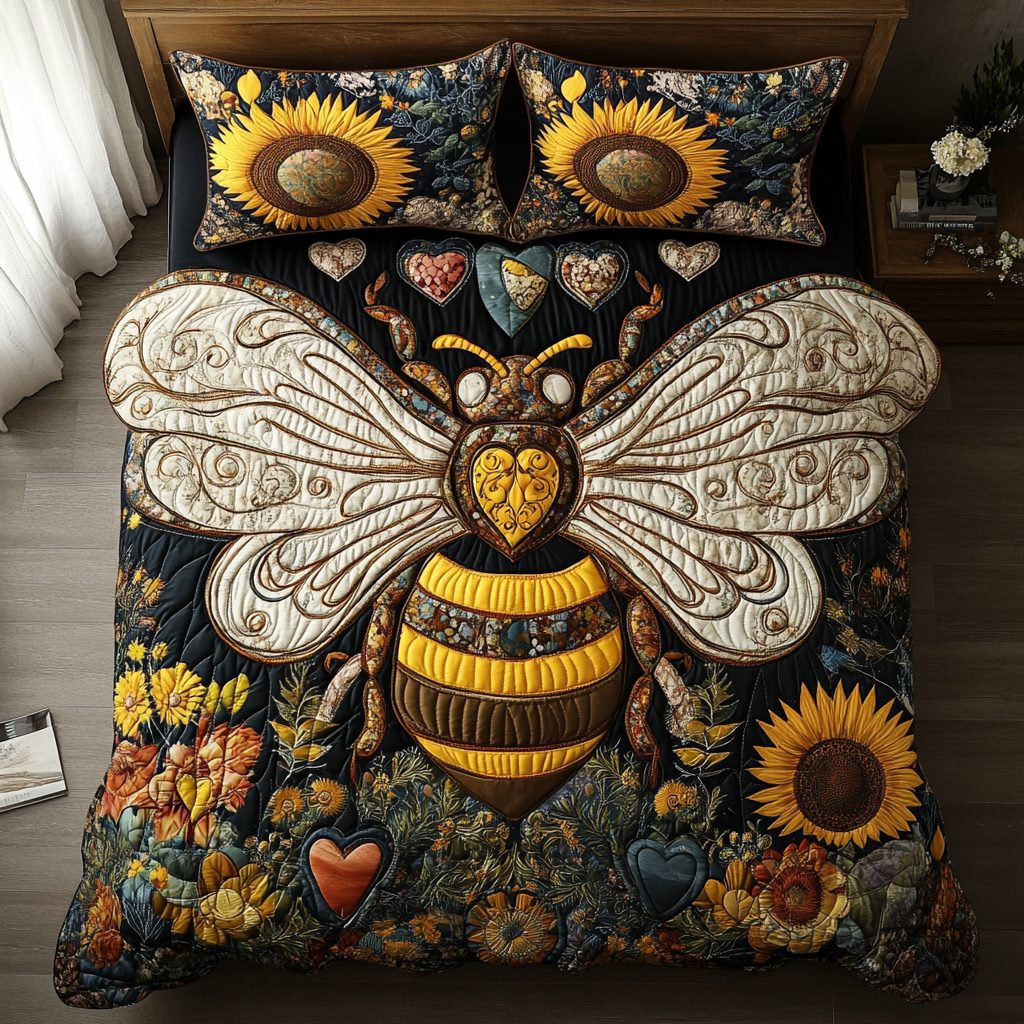 Bee Love quilted 3-piece bedding set on a made bed with two matching pillow shams