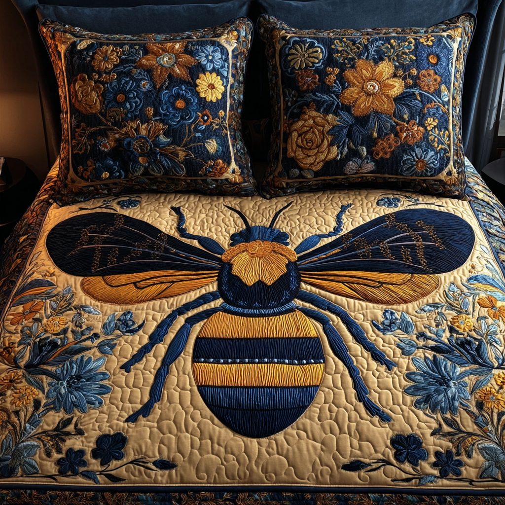 Bee Nest quilted 3-piece bedding set on a made bed with two matching pillow shams