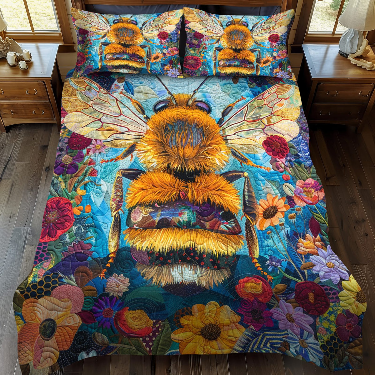 Bee Paradise quilted 3-piece bedding set on a made bed with two matching pillow shams