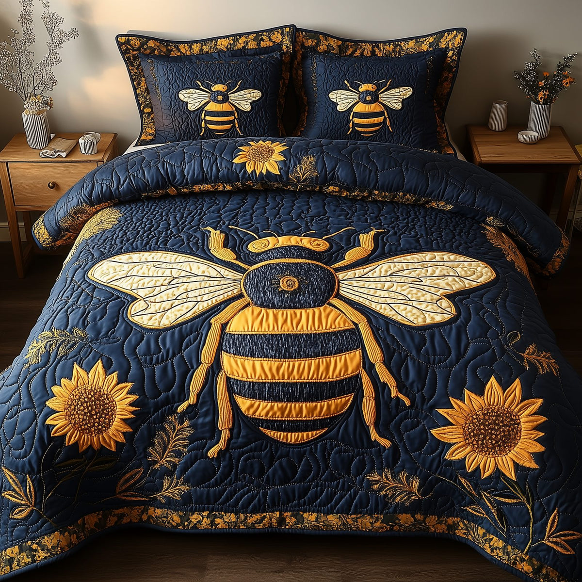Bee Positive quilted 3-piece bedding set on a made bed with two matching pillow shams