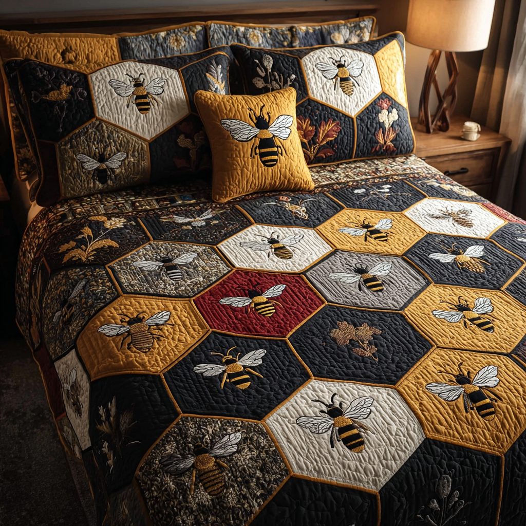 Bee Spirit quilted 3-piece bedding set on a made bed with two matching pillow shams