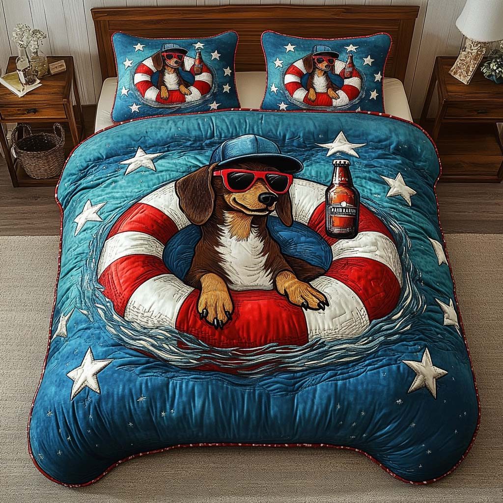 Beer Float Pup quilted 3-piece bedding set on a made bed with two matching pillow shams