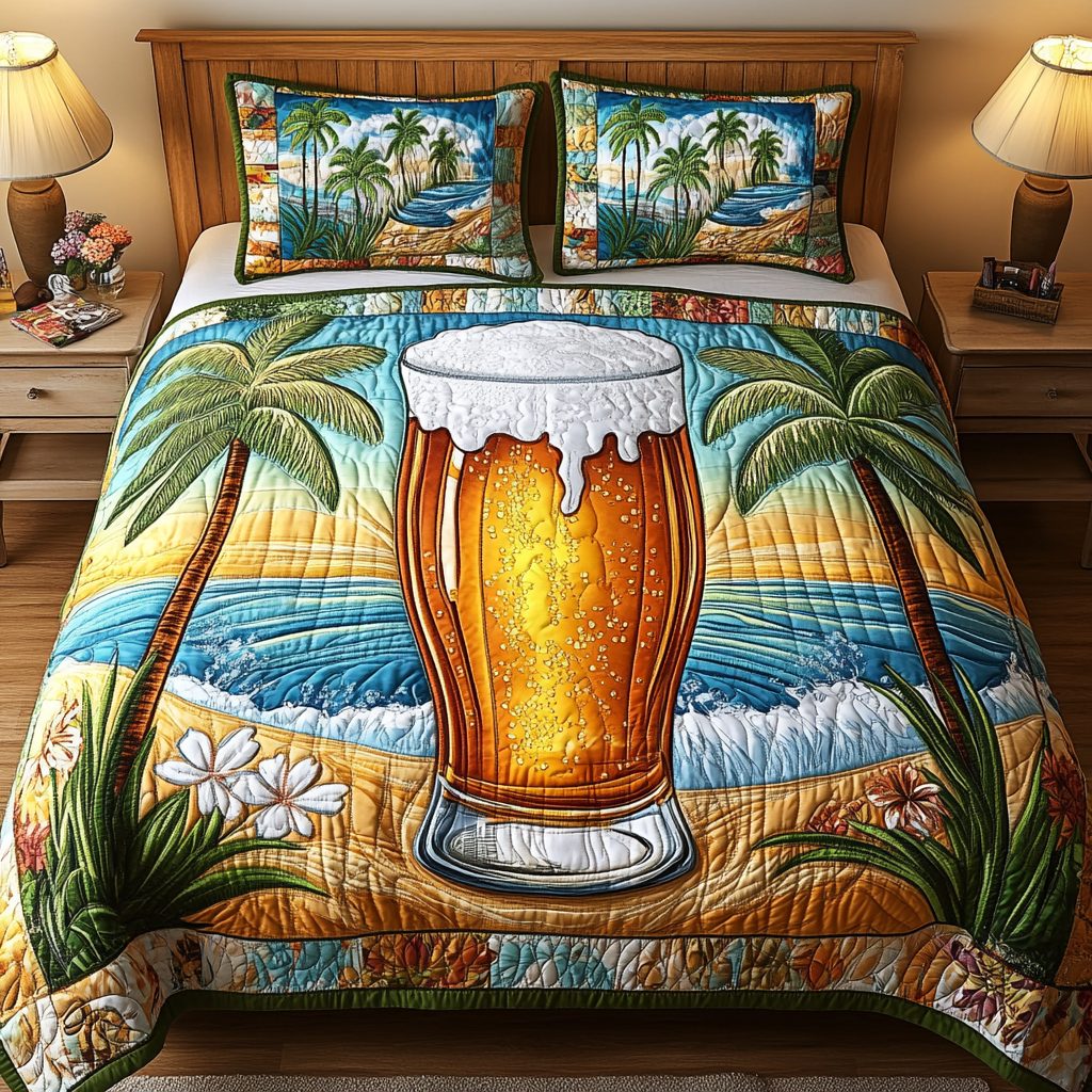 Beer Waves quilted 3-piece bedding set on a made bed in a light coastal bedroom