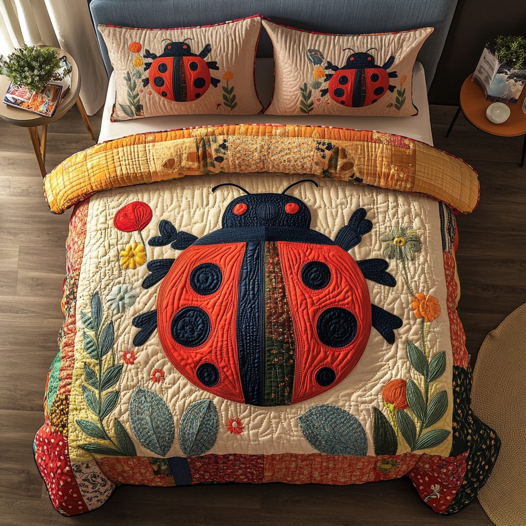 Beetle Bliss quilted 3-piece bedding set on a made bed with two matching pillow shams
