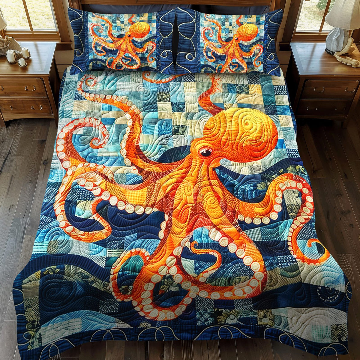 Benthic Beauty quilted 3-piece bedding set on a made bed with two matching pillow shams