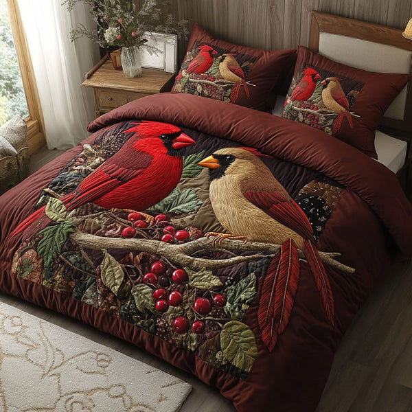 Berry Branch quilted 3-piece bedding set on a made bed in a rustic timber bedroom