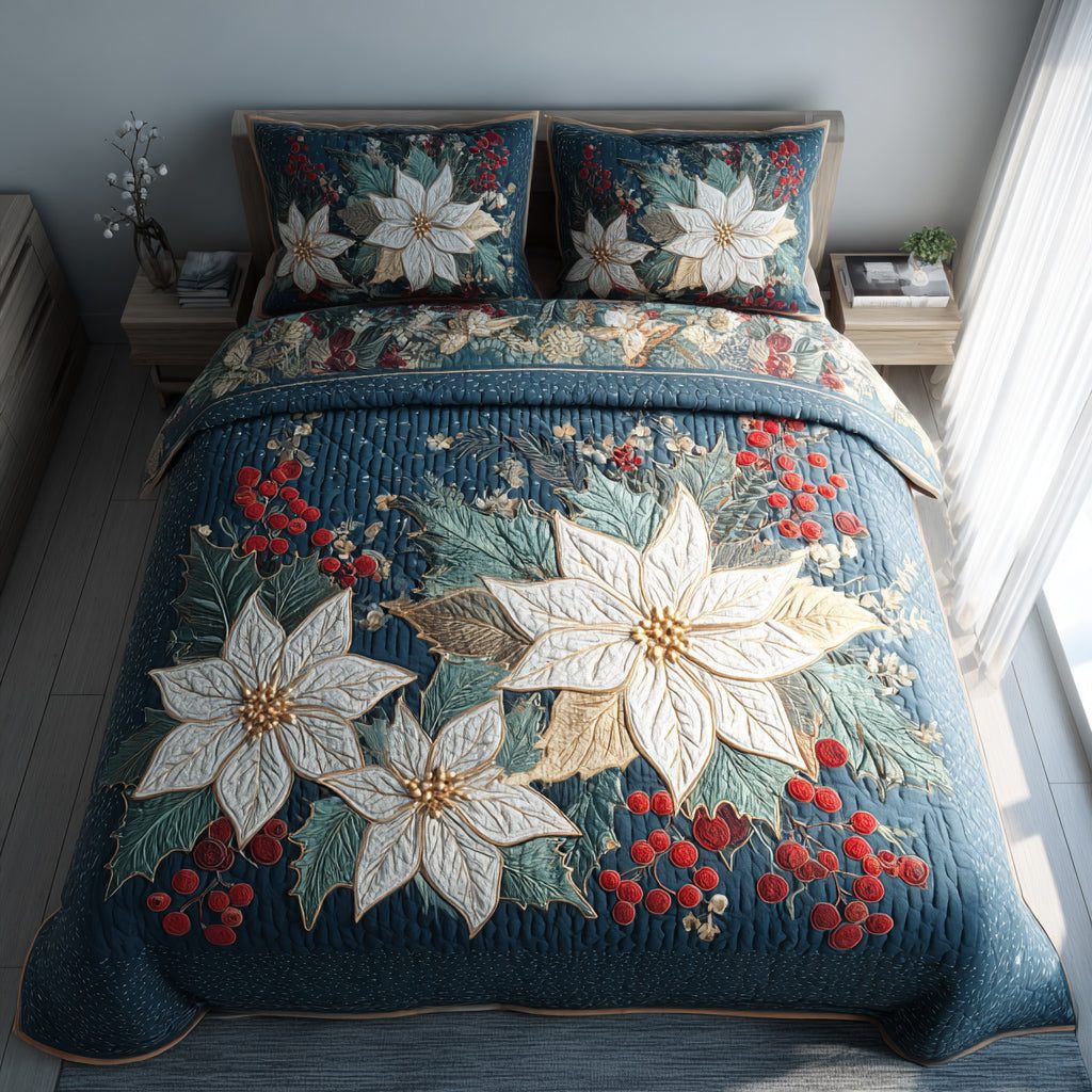 Berry Poinsettia quilted 3-piece bedding set on a made bed in a winter-styled bedroom
