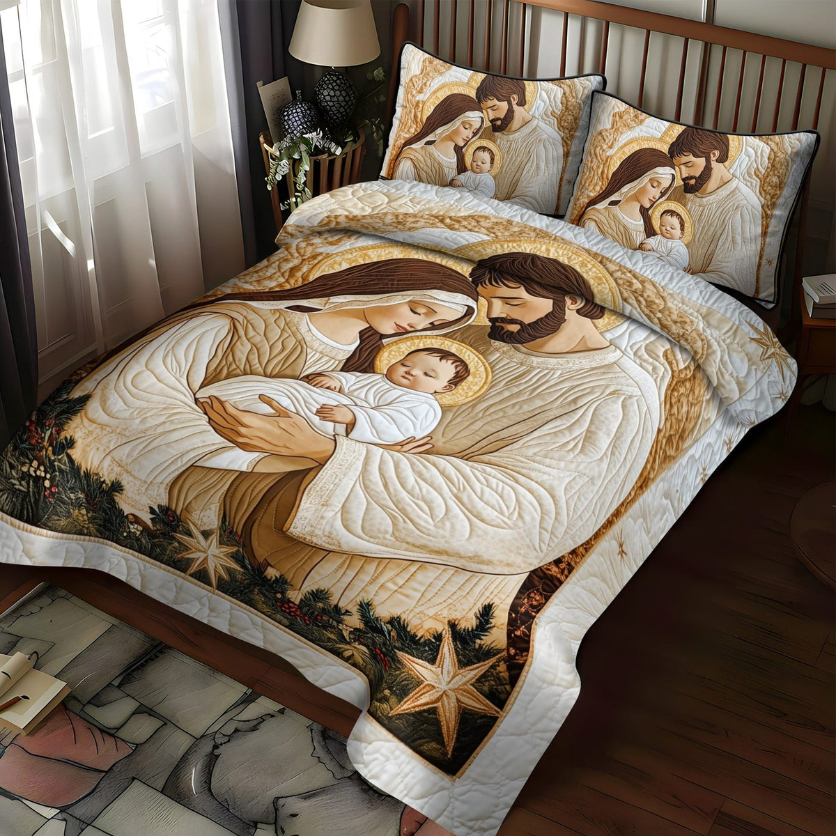 Bethlehem Blessing quilted 3-piece bedding set on a made bed with two matching pillow shams
