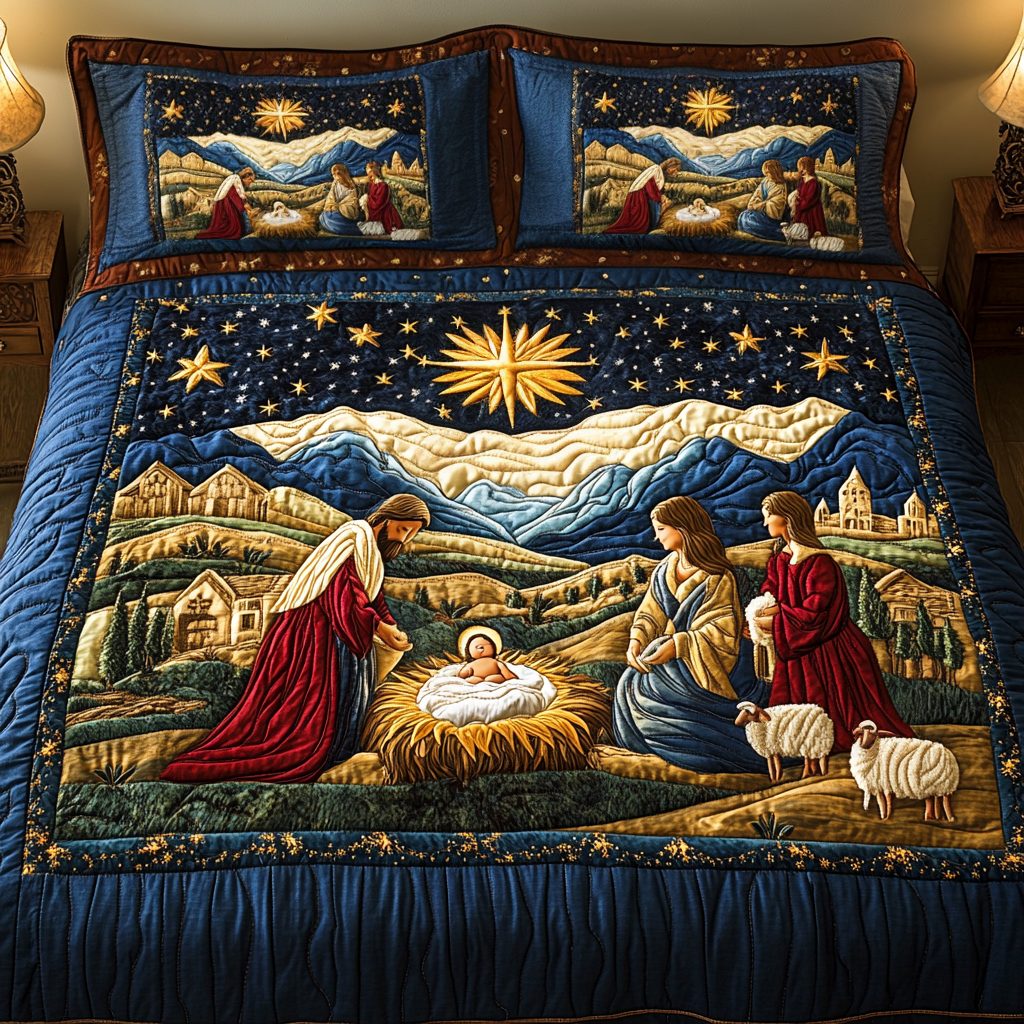 Bethlehem Bliss quilted 3-piece bedding set on a made bed with two matching pillow shams