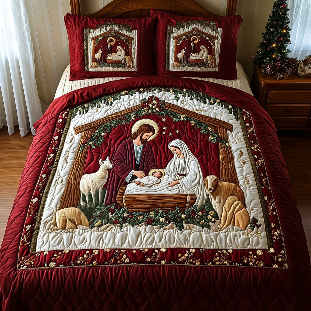 Bethlehem Comfort quilted 3-piece bedding set on a made bed with two matching pillow shams
