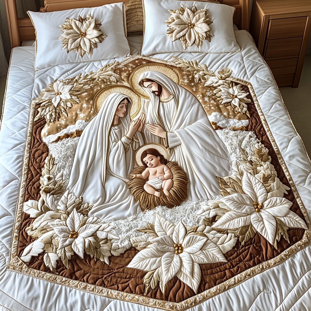 Bethlehem Dreams quilted 3-piece bedding set on a made bed with two matching pillow shams
