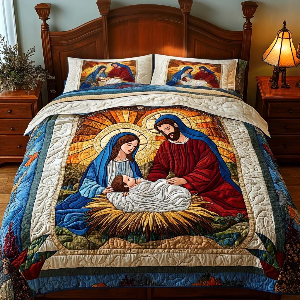 Bethlehem Light quilted 3-piece bedding set on a made bed with two matching pillow shams