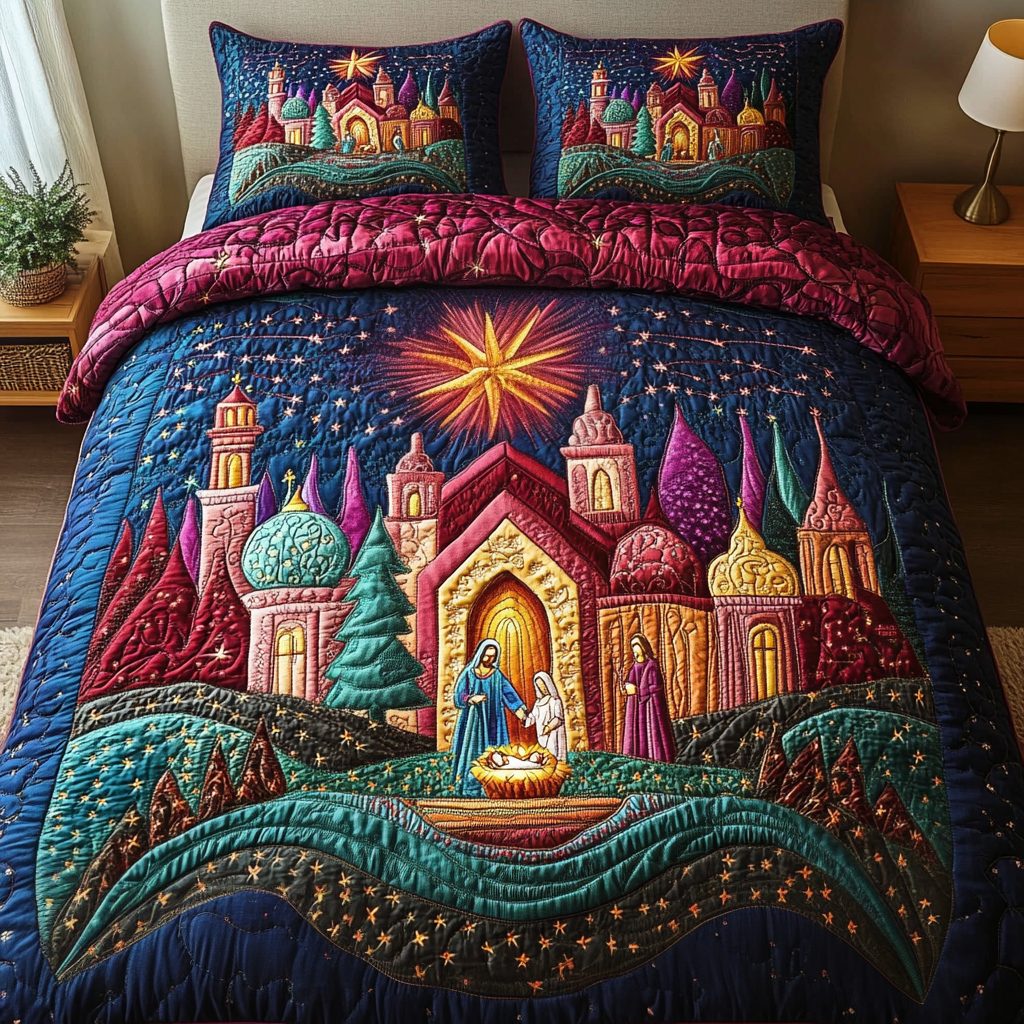 Bethlehem Star quilted 3-piece bedding set on a made bed with two matching pillow shams