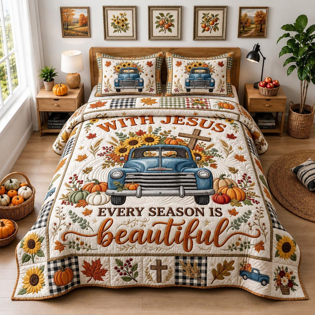 Bible Blessings quilted 3-piece bedding set on a made bed in a softly lit bedroom